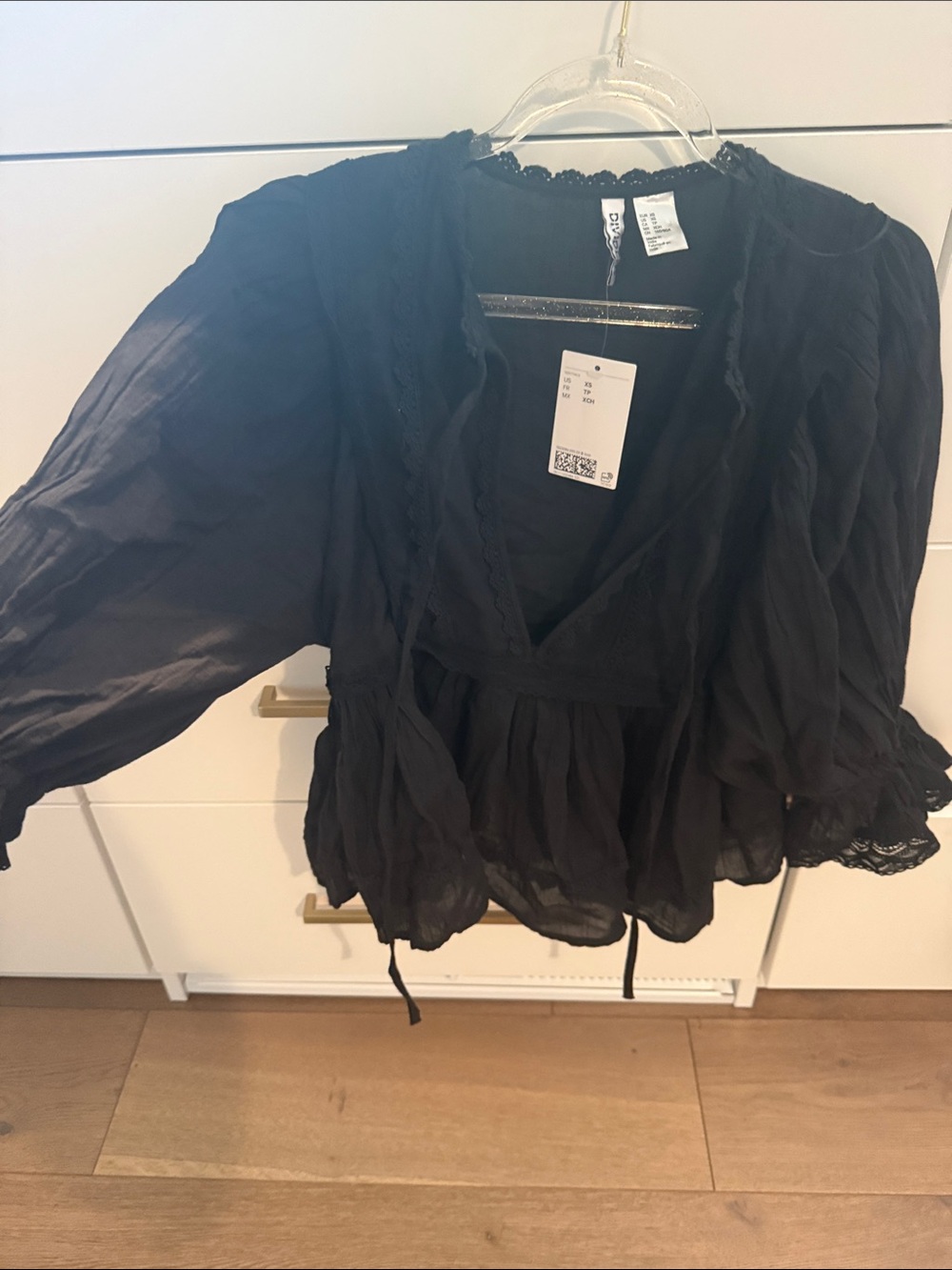 H&M Black V-Neck Peasant Blouse with Lace Trim